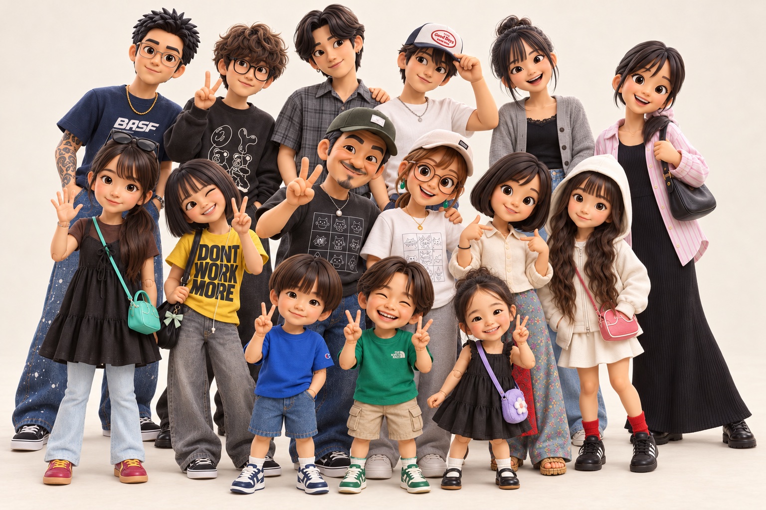 笑顔で集まる漆ちゃんfamilyの家族イラスト